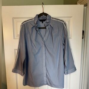 Ming Wang Blue Pinstripe Ruffled Collar Blouse M